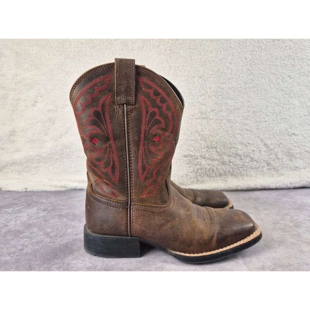 Ariat Kids Brown Leather Western Cowboy Boots Red Stitching 10004853 Size 1